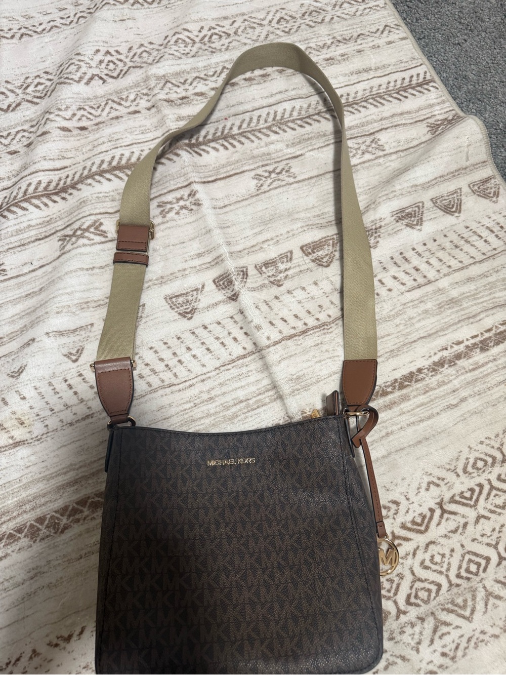 Michael Kors Brown Logo Crossbody with Beige Adjustable Strap